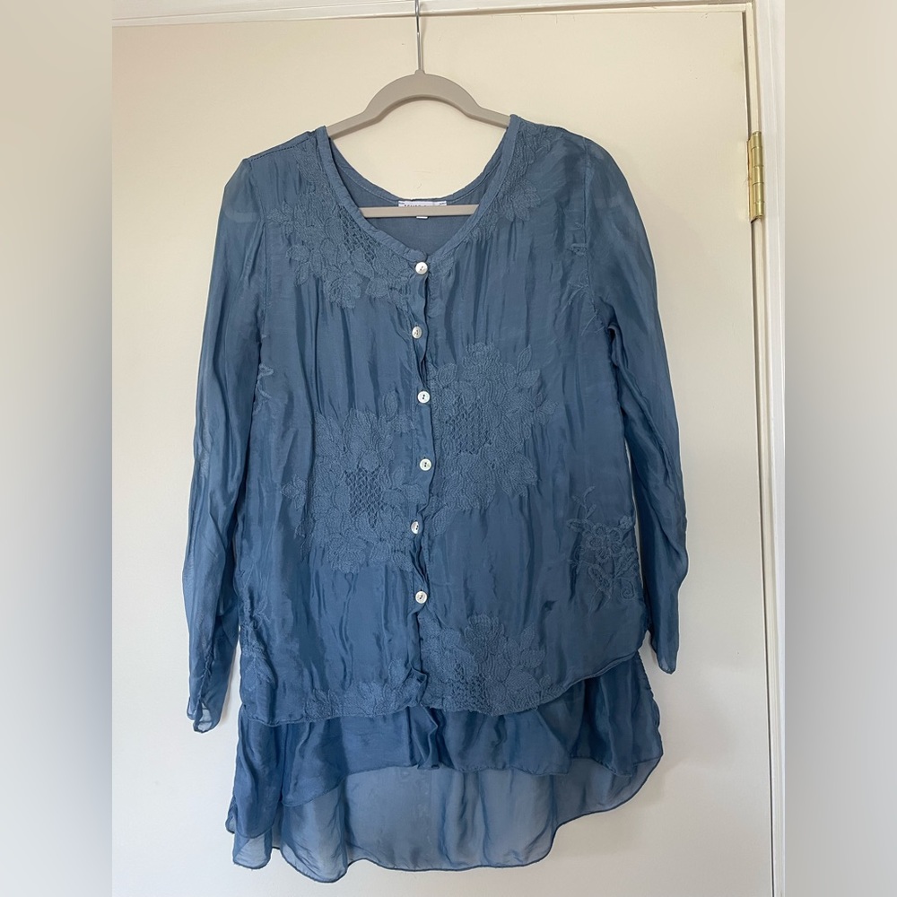 Blue lace long short blouse from local boutique button up